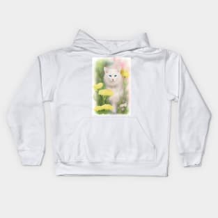 White Cat in the Flower Garden Soft Pastel Colors Kids Hoodie